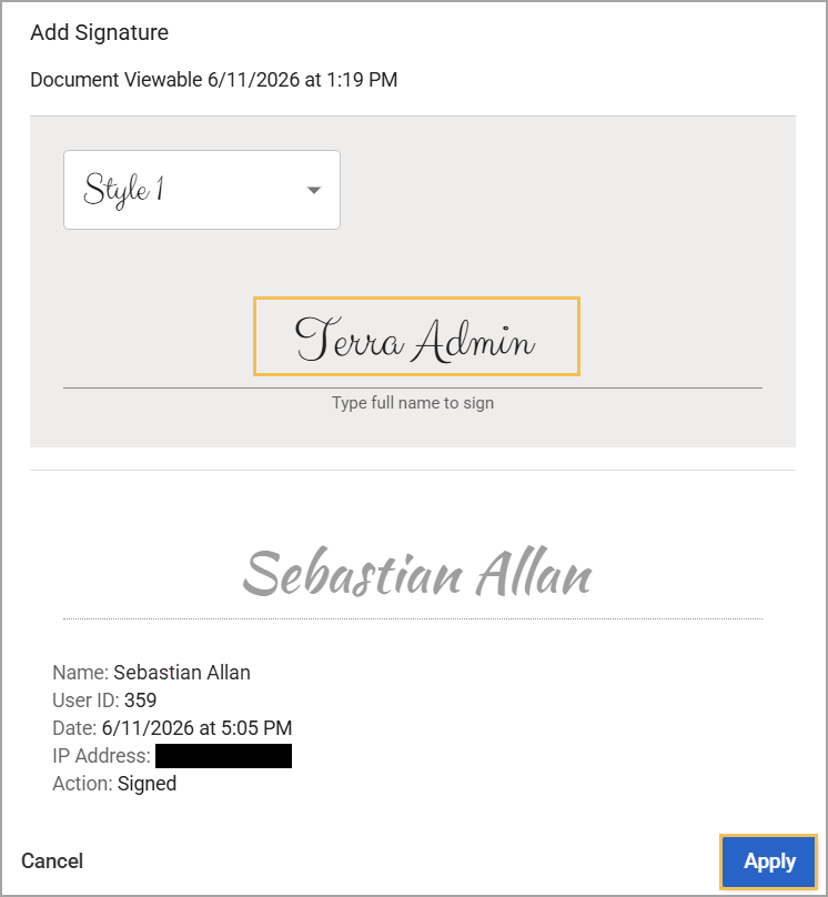 Signature section showing user details and action for document signing.